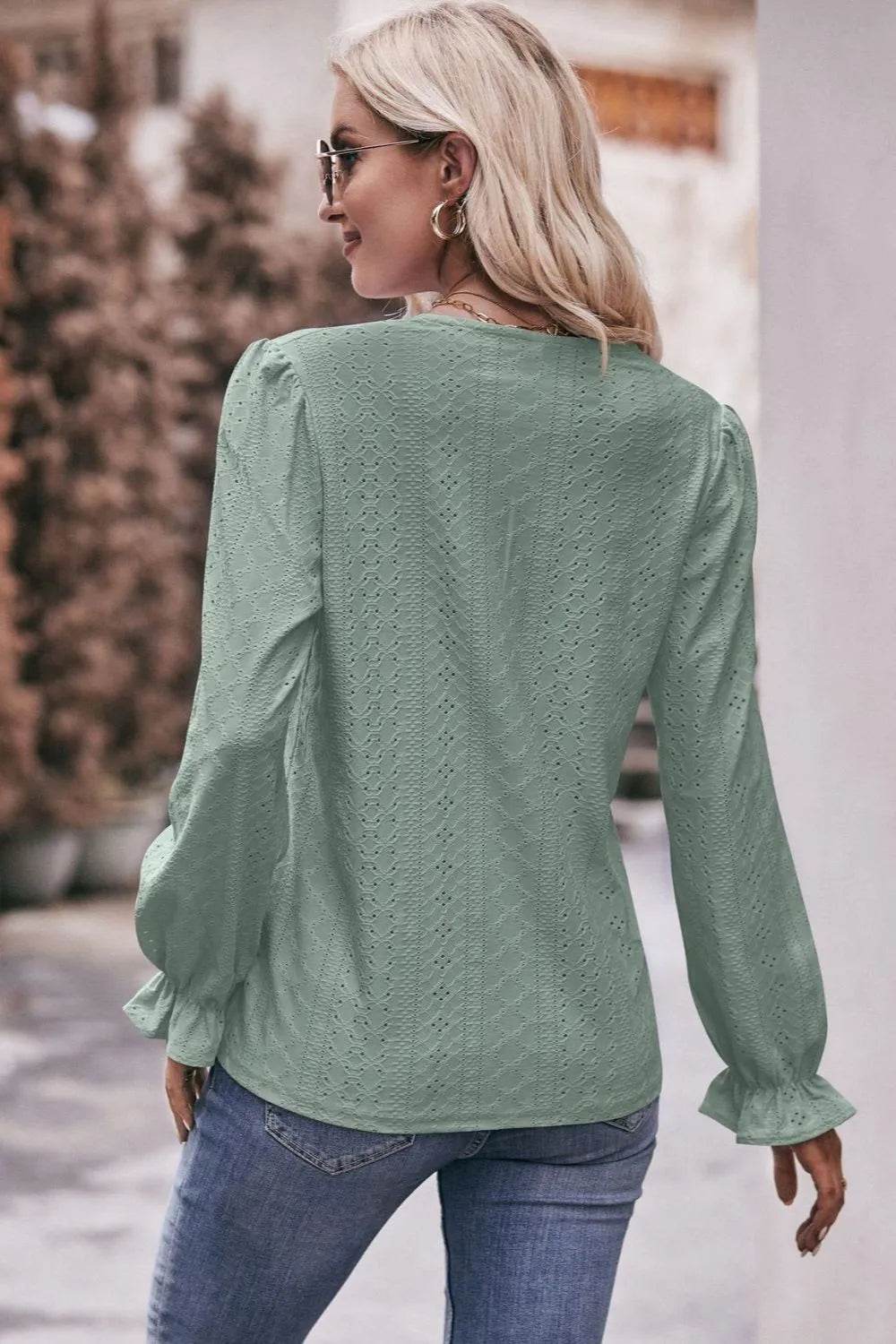 Mandy Eyelet V-Neck Flounce Sleeve Blouse Trendsi 4d0550ea-4681-4f13-b787-c64b0d704acf-Max