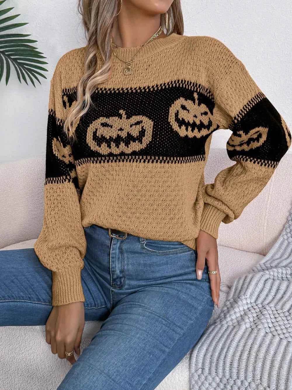 Pumpkin Round Neck Long Sleeve Sweater Trendsi 4d26dd9c-5b4e-490a-9a2e-becf14bddadc-Max