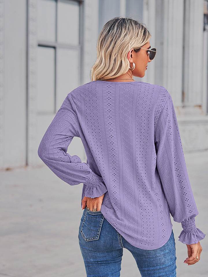V-Neck Eyelet Flounce Sleeve Blouse Trendsi 4d7bd399e95b4b2e83e4c3284d60c6c7-Max