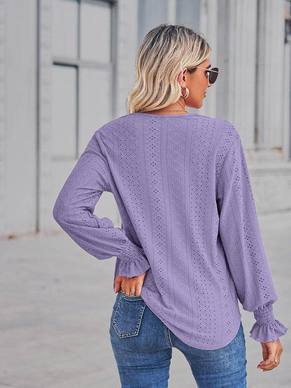 V-Neck Eyelet Flounce Sleeve Blouse Trendsi 4d7bd399e95b4b2e83e4c3284d60c6c7-Max