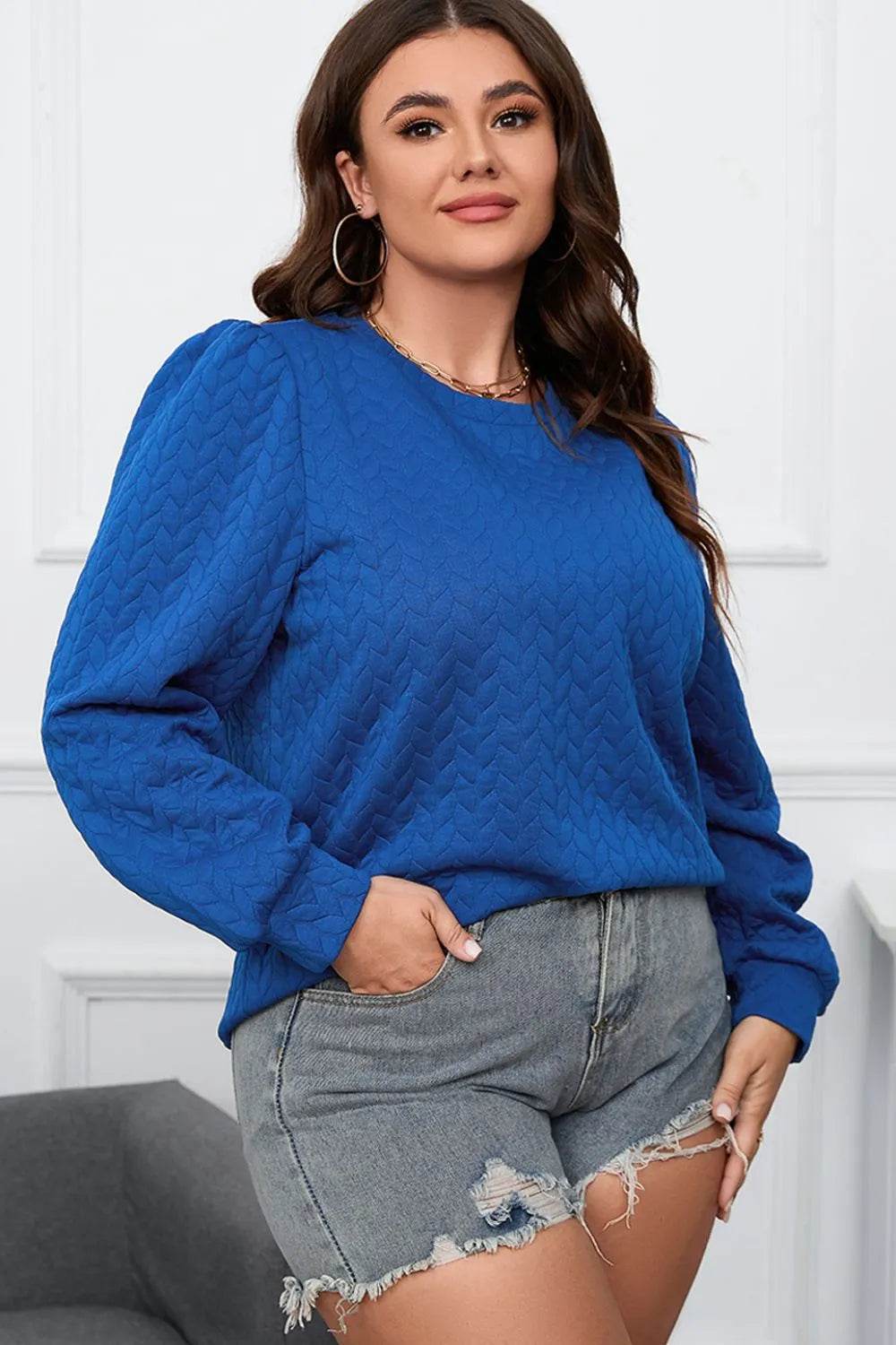 Plus Size Textured Round Neck Long Sleeve Top Trendsi 4d7e8a67038e452ea8eb9309a731f6c5-Max