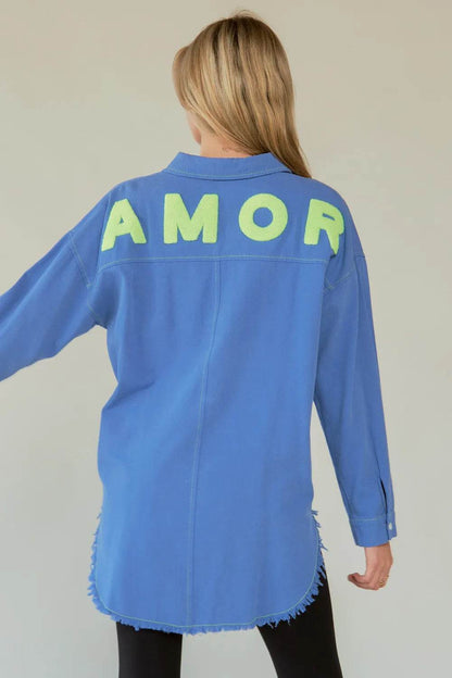 Davi & Dani Letter Back Raw Hem Half Button Shirt Trendsi 4d8d902a-772d-4cb3-96ad-178f93579bec-Max