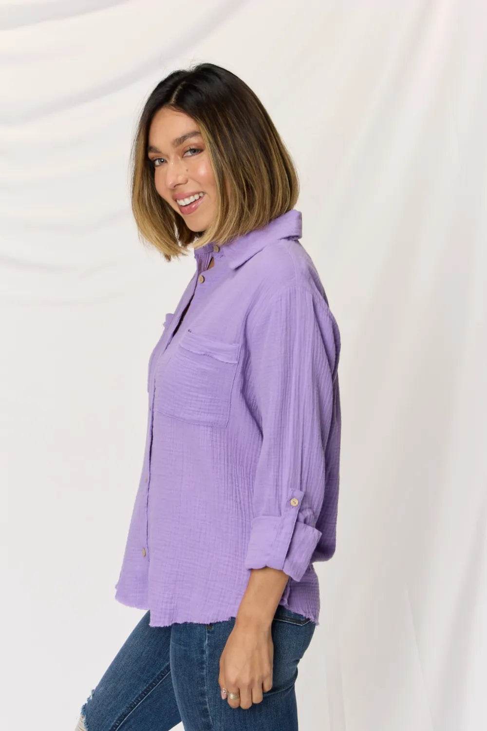 Zenana Texture Button Up Raw Hem Long Sleeve Shirt Trendsi 4da8b173-0f78-46cb-9931-64db549818ca-Max