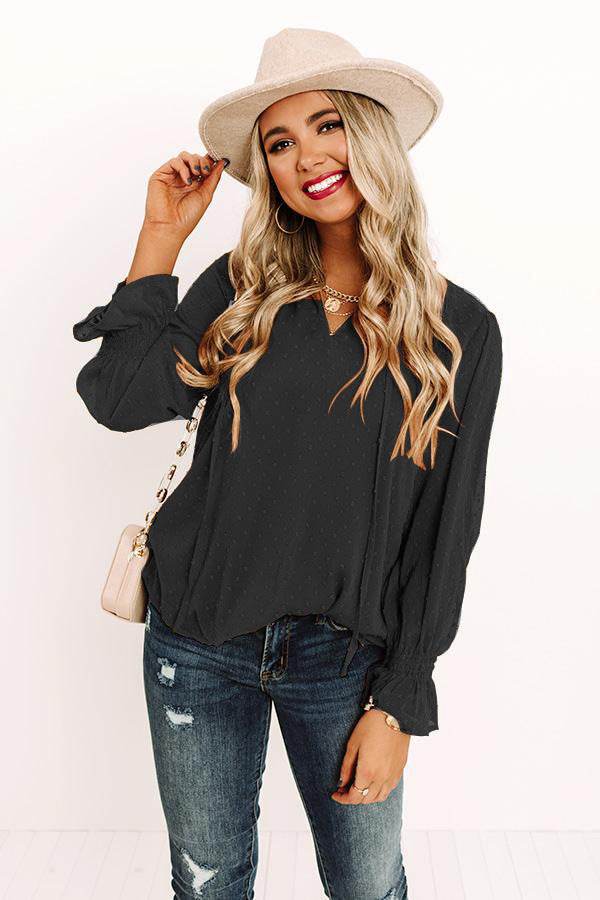 Swiss Dot Tie Neck Flounce Sleeve Blouse Black Trendsi 4db5960fb8f6426db97d0d2d51536980-Max