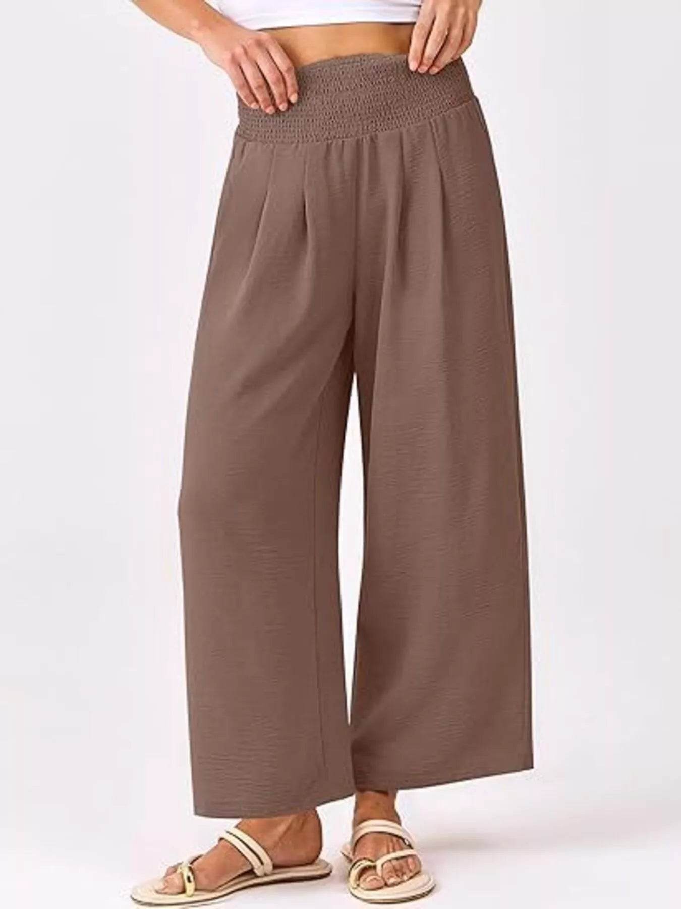 Wide Leg Smocked High Waist Pants Brown Trendsi 4df1ddfd48aa4ca19461550668ddf2e9-Max-Origin