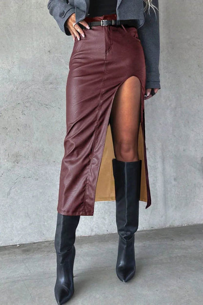 Slit Midi Skirt with Pockets Burgundy Trendsi 4e127168-8e85-46c9-90c0-e3693ddcaac4-Max