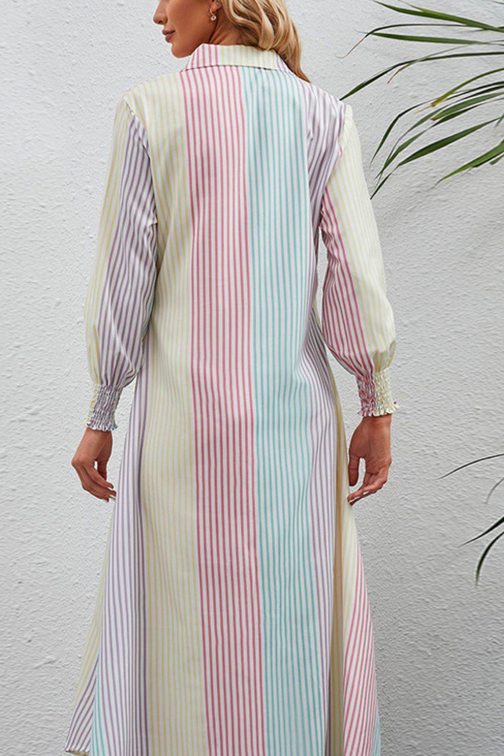 Rainbow Stripe Button-Up Maxi Shirt Dress Trendsi 4e12dae81f6e4886a42b4398b2b1f853-Max