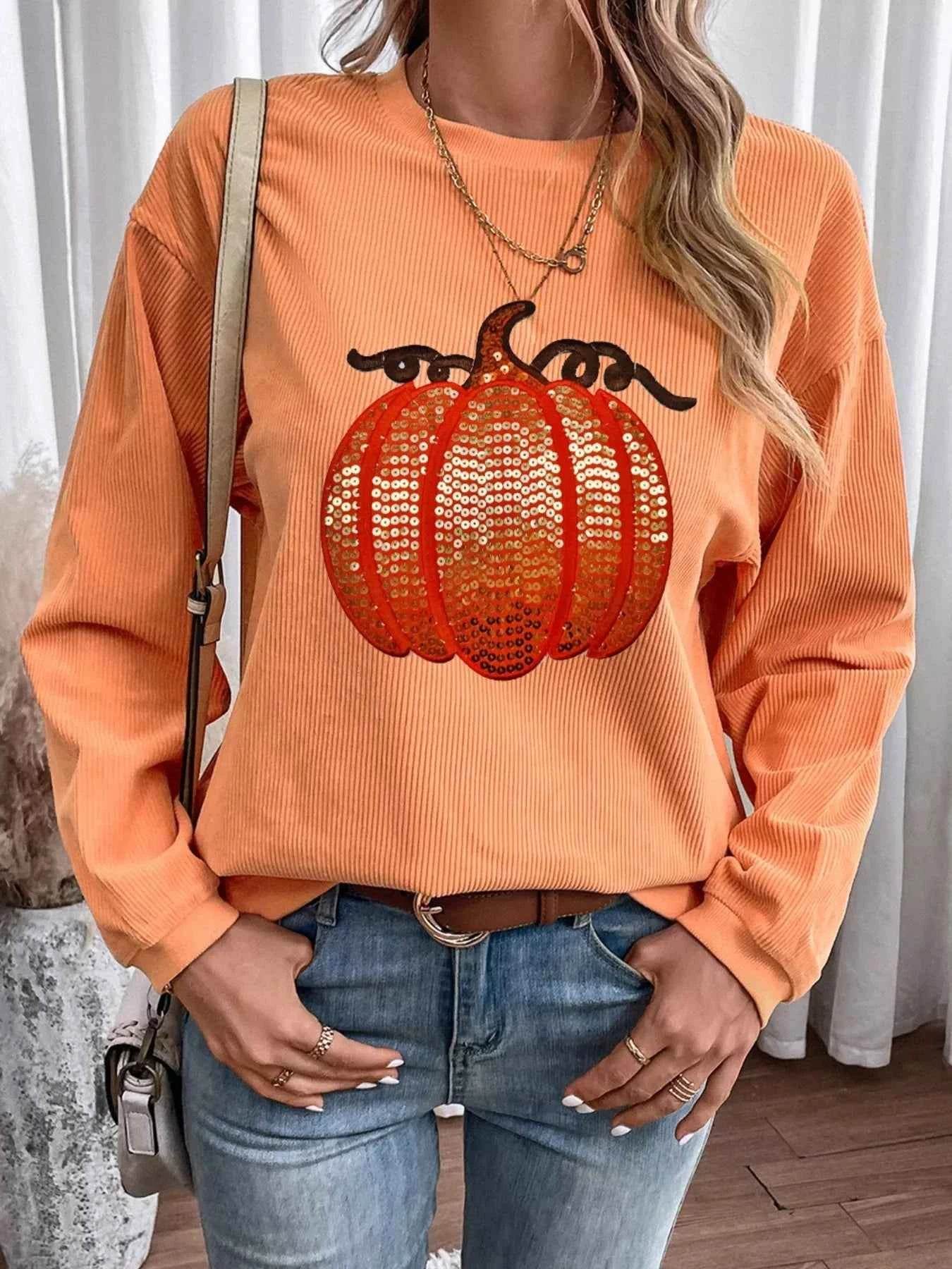 Halloween Sequined Pumpkin Ribbed Round Neck Sweatshirt Trendsi 4e1e1977-8248-40cf-96ba-a111cdcb8710-Max-Origin