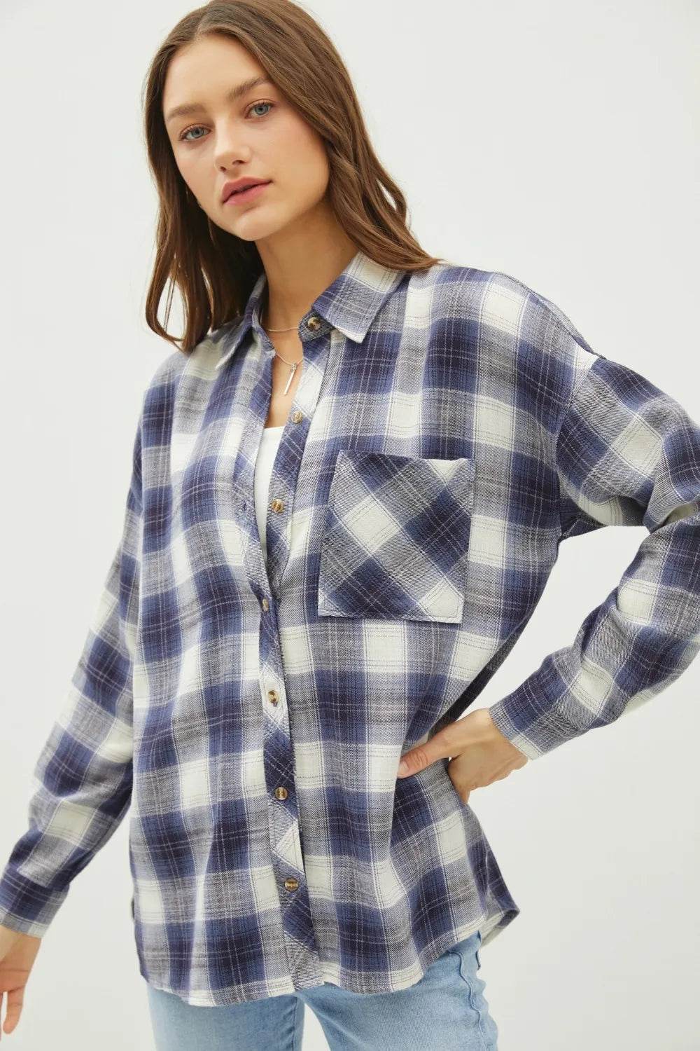 Be Cool Plaid Flannel Button Down Shirt with Chest Pocket Blue Trendsi 4e2ded29-3742-4f7a-806d-dfb5fa06ed48-Max