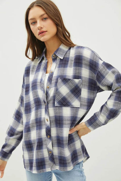 Be Cool Plaid Flannel Button Down Shirt with Chest Pocket Blue Trendsi 4e2ded29-3742-4f7a-806d-dfb5fa06ed48-Max