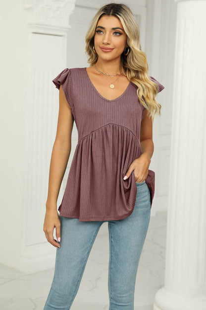 V-Neck Flutter Sleeve Babydoll Blouse Mocha Trendsi 4e7c76be2b17476a8f93a79c68f32031-Max
