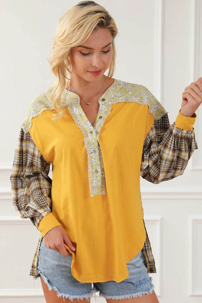 Plaid Notched Neck Slit Blouse Trendsi 4e86b44e87064aac9581a0f6bdc2a2e7-Max
