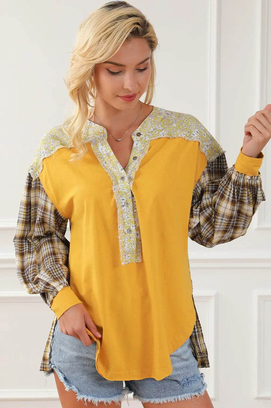 Plaid Notched Neck Slit Blouse Trendsi 4e86b44e87064aac9581a0f6bdc2a2e7-Max