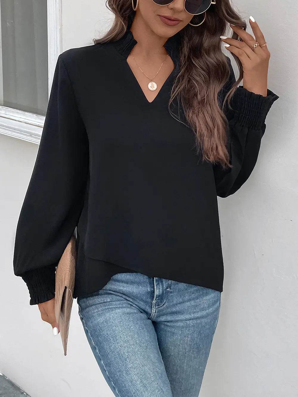 Perfee Smocked Notched Long Sleeve Blouse Trendsi 4ea5c6a20832492dab85e77e760c78b6-Max