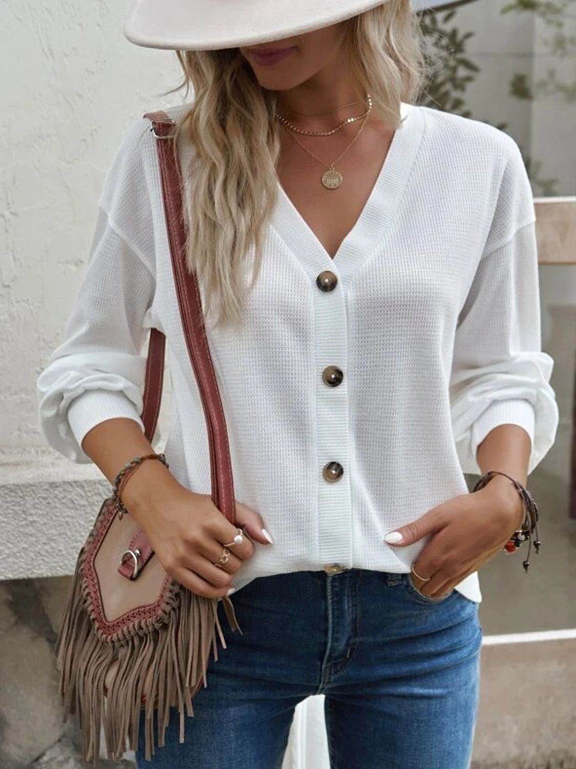 V-Neck Dropped Shoulder Blouse Trendsi 4ea8c062ed35448d90f25d9fc3f8ba0e-Max