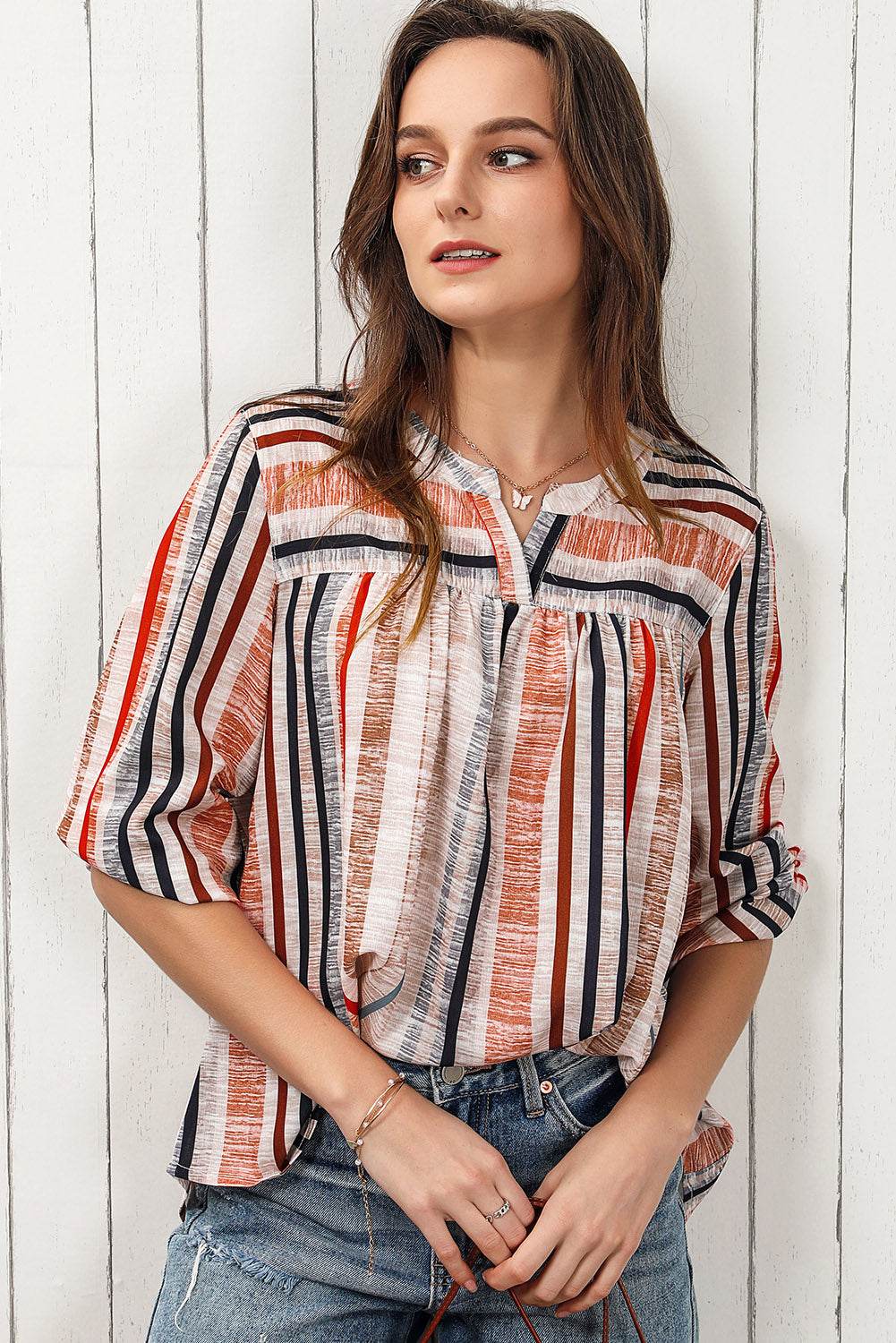 Multicolored Stripe Notched Neck Top Trendsi 4eacbc99715845688c8a046bc8cda7cc-Max