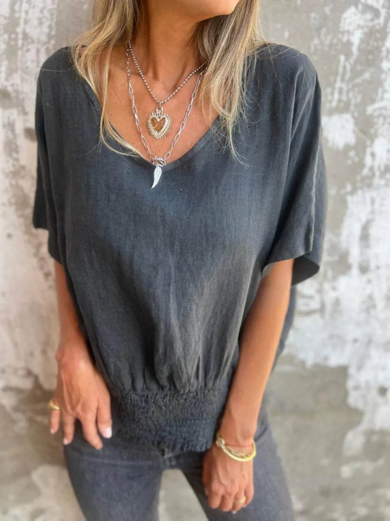 Full Size Smocked Hem V-Neck Relaxed Fit T-Shirt Plus Size Trendsi 4f2eb941-946f-489b-a3c9-529a290566e5-Max-Origin