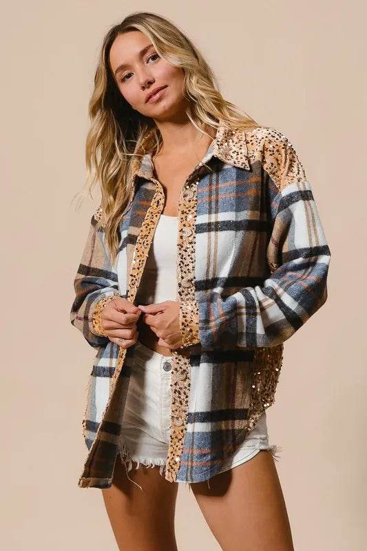 BiBi Curved Hem Sequin Plaid Button Up Shacket Trendsi 4f36848e-a80f-4f75-81ba-772696bea232-Max