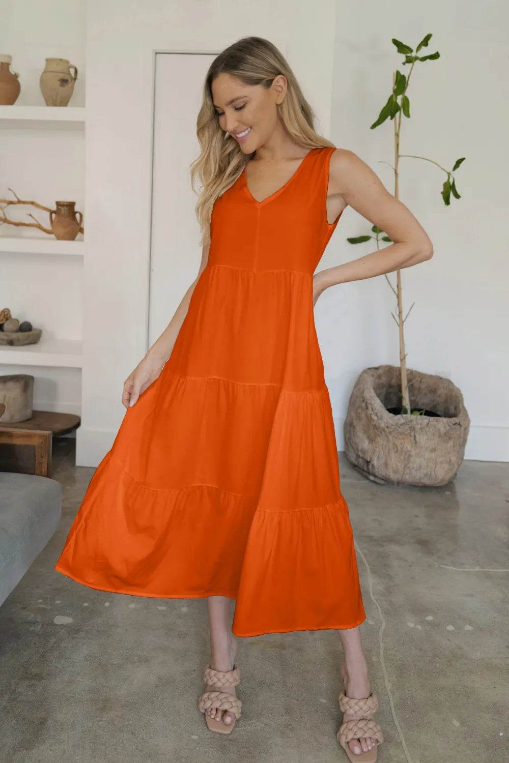 FAM-FAM Tiered V-Neck Sleeveless Dress Orange Trendsi 4f499a40-a898-4a35-8009-9125d734abda-Max