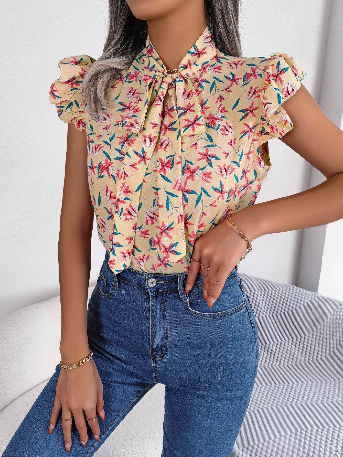 Floral Tie Neck Flutter Sleeve Blouse Trendsi 4f651c36dc474d6fa1b01ab81fd437d8-Max