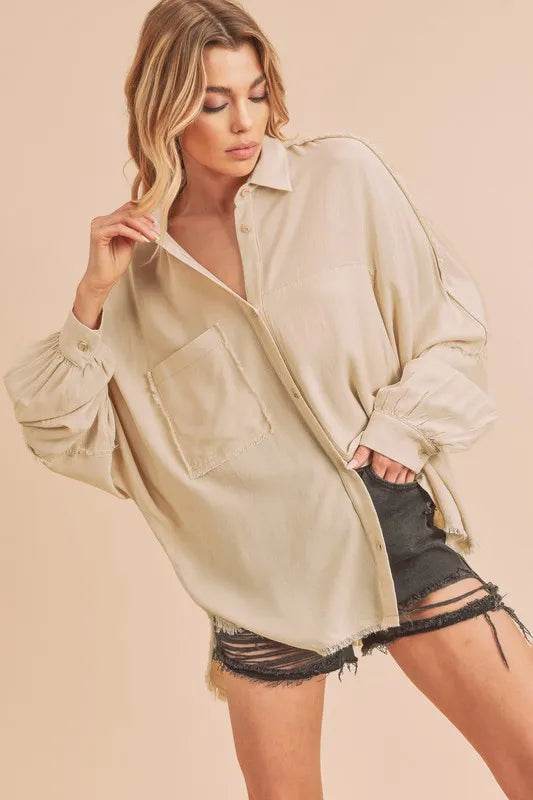 Aemi + Co Raw Edge Exposed Seam Collared Neck Long Sleeve Shirt Trendsi 4f815be6-b0fe-4643-9c6d-a92574c95867-Max
