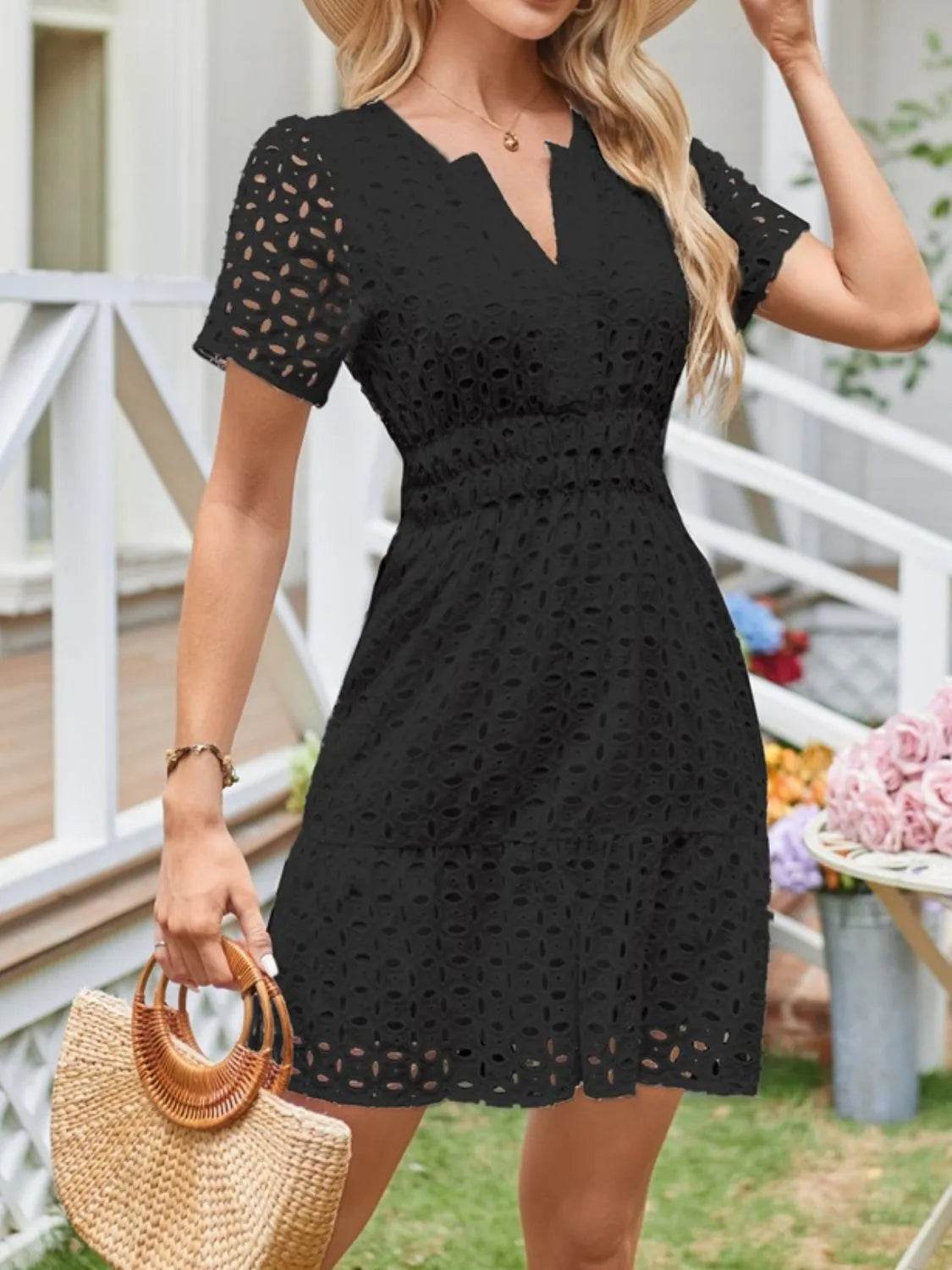 Eyelet Notched Short Sleeve Dress Black Trendsi 4fbdef61-3d63-4488-89f2-70552e096a0f-Max-Origin