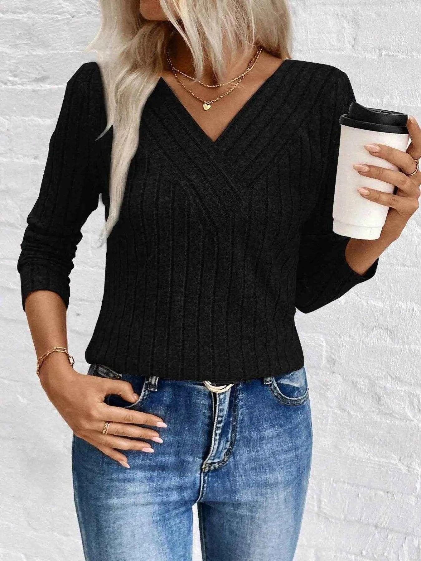 Ribbed V-Neck Long Sleeve Knit T-Shirt Black Trendsi 4fdf6193cd4d4b41a4e6a8581b9b45bf-Max-Origin