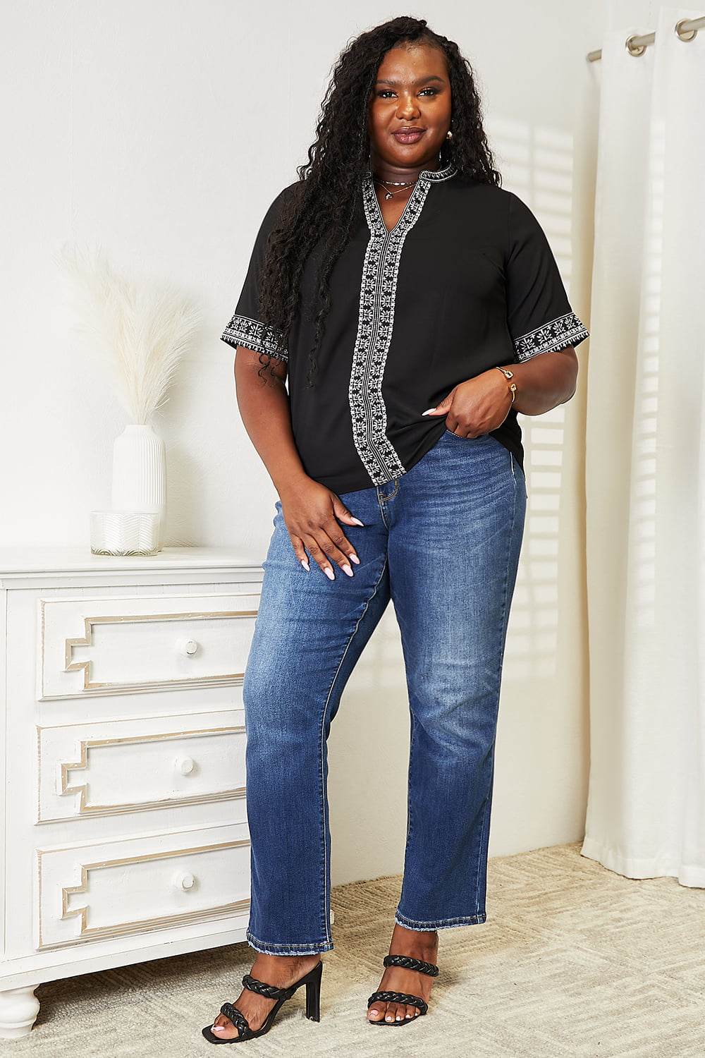 Double Take Embroidered Notched Neck Top Trendsi 4ffa37b1ba1741ff973b60c15cab0080-Max