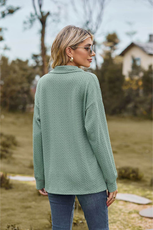 Collared Neck Cable-Knit Long Sleeve Blouse Trendsi 50185976046c4164b0c82b976659a73c-Max