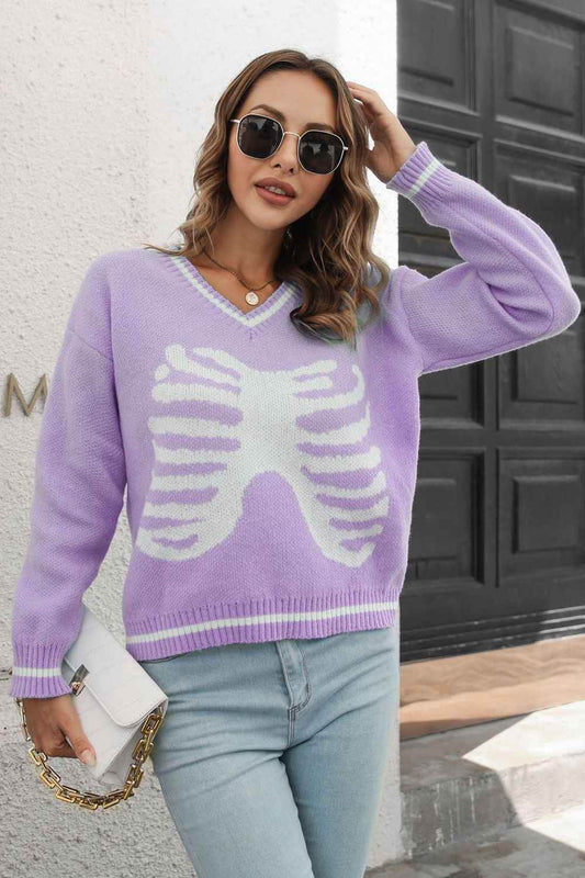 Skeleton Pattern V-Neck Long Sleeve Pullover Sweater Lavender Trendsi 501c325dd05f4f7bbc2d87bb0e1942c2-Max