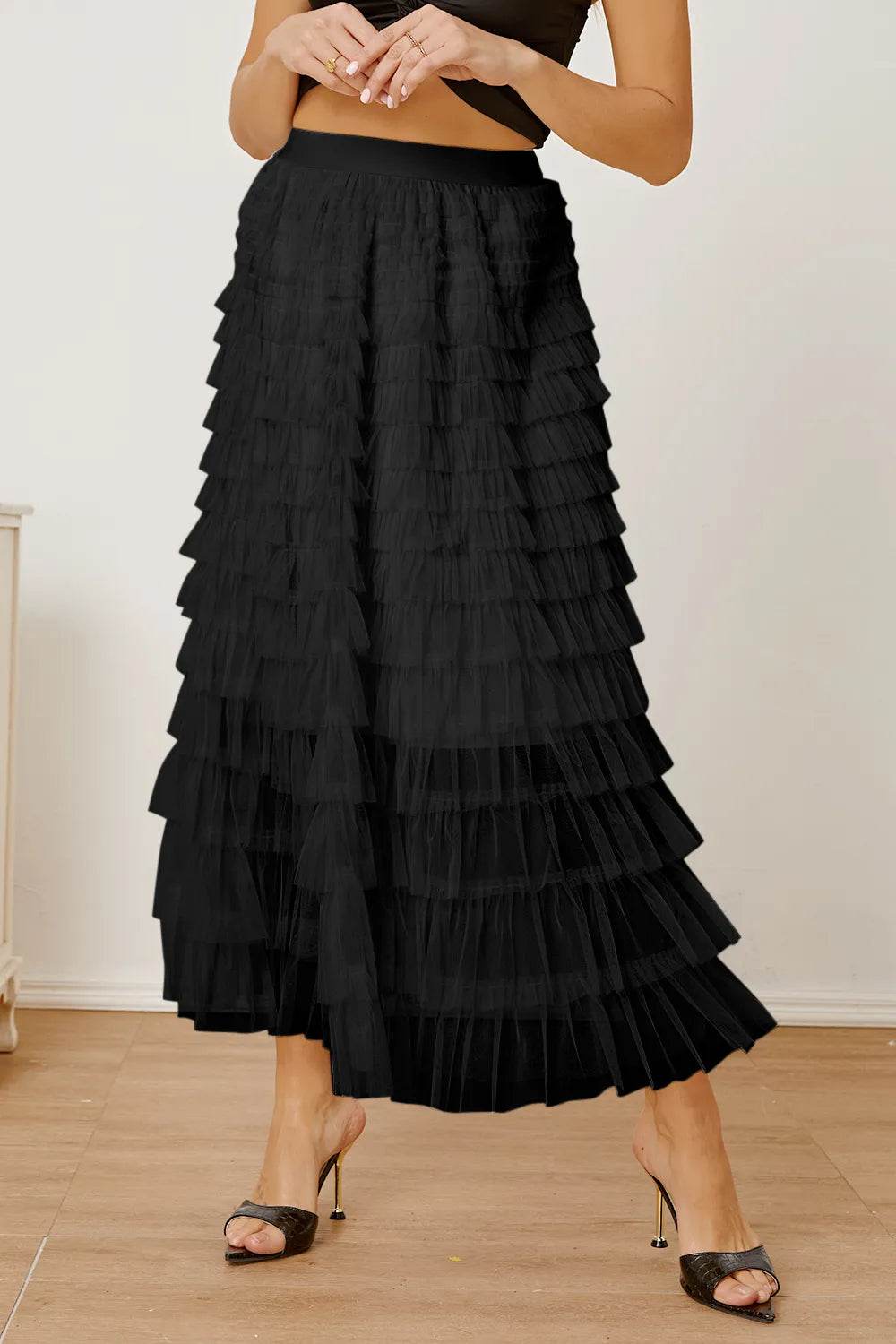 Ruched High Waist Tiered Skirt Black Trendsi 5023fd36-74ea-4e03-b9ce-1f7df89a7ddf-Max