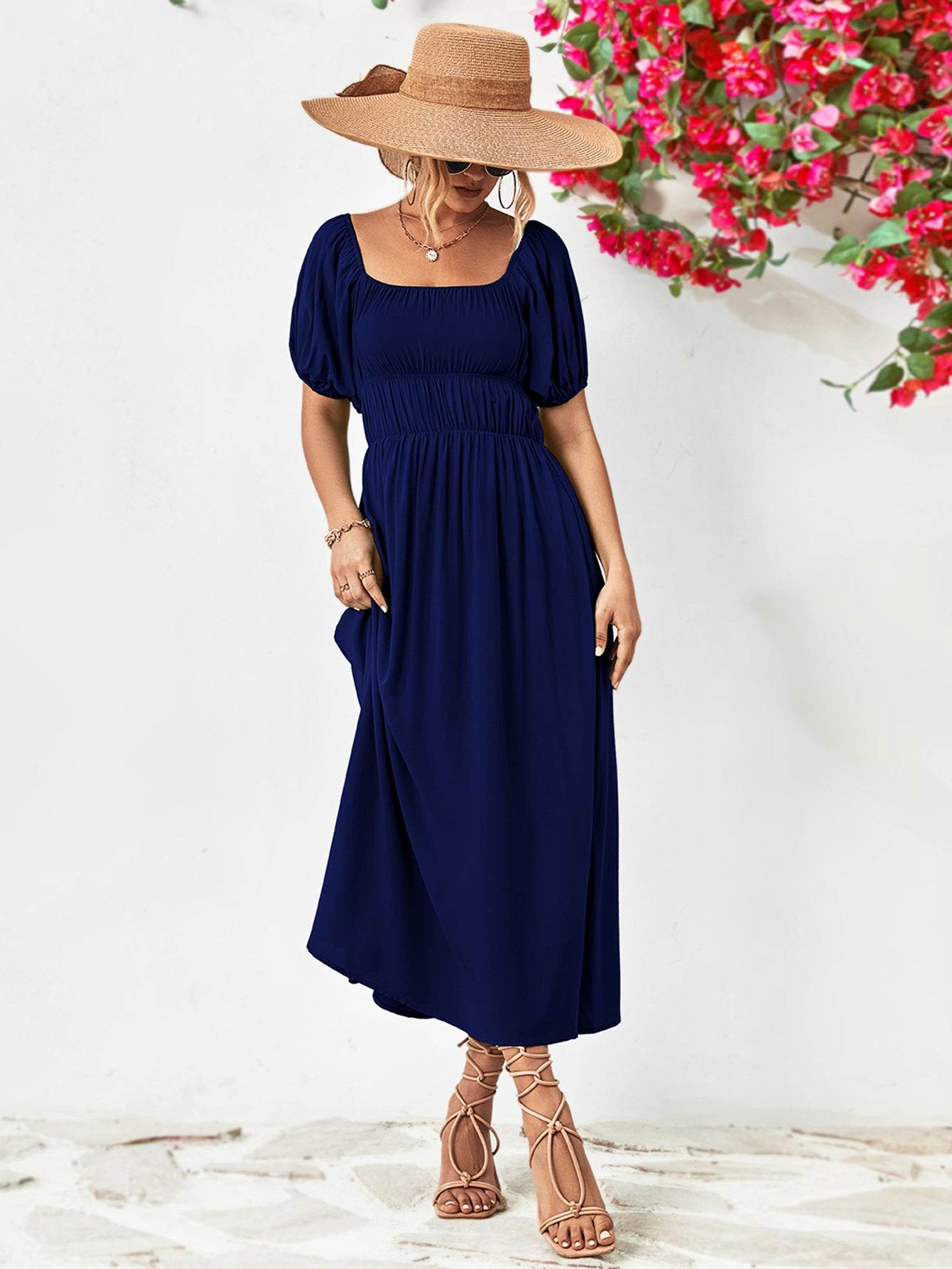 Off-Shoulder Balloon Sleeve Midi Dress Trendsi 502a05bd15564f3db38409774638f5b8-Max