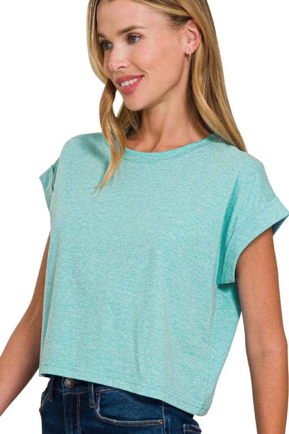 Zenana Rolled Sleeve Crop T-Shirt H TURQUOISE Trendsi 503e7a38-6f26-4048-9435-8d1b17b65a6c-Max-Origin