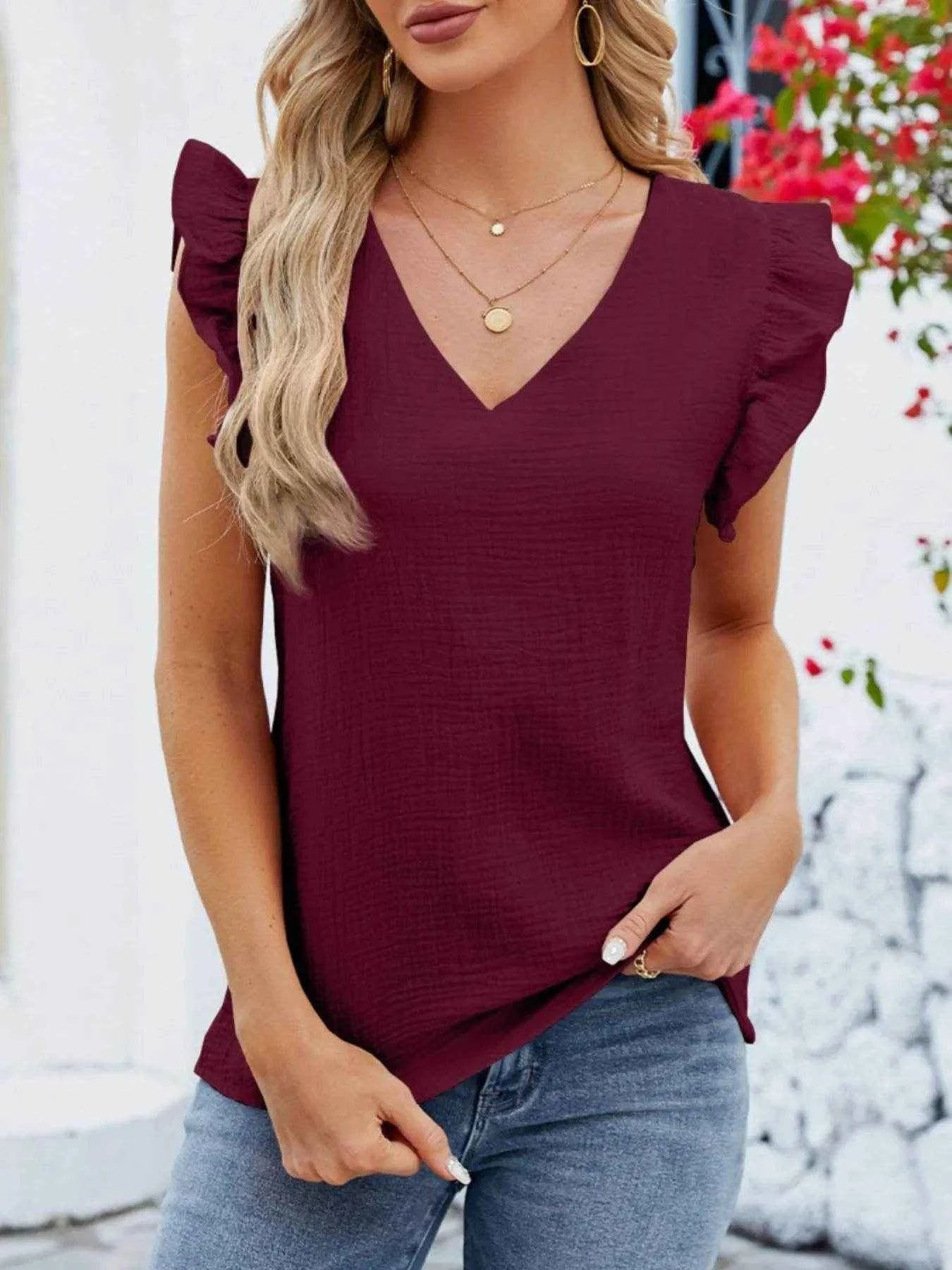 V-Neck Ruffled Sleeve Top Wine Red Trendsi 50410011-0bd9-4a62-82c1-d8159c6d9e46-Max-Origin