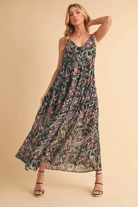 Aemi + Co Printed V-Neck Frill Tiered Cami Dress Black Multicolor Trendsi 504f4d93-0955-4906-b10c-4014b9b6ab03-Max