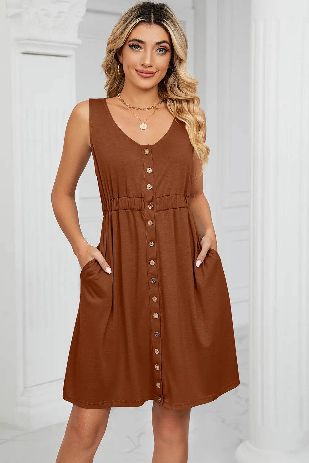 Buttoned Wide Strap Mini Dress Trendsi 505b2035-3cde-49be-b595-d1e784051ac5-Max