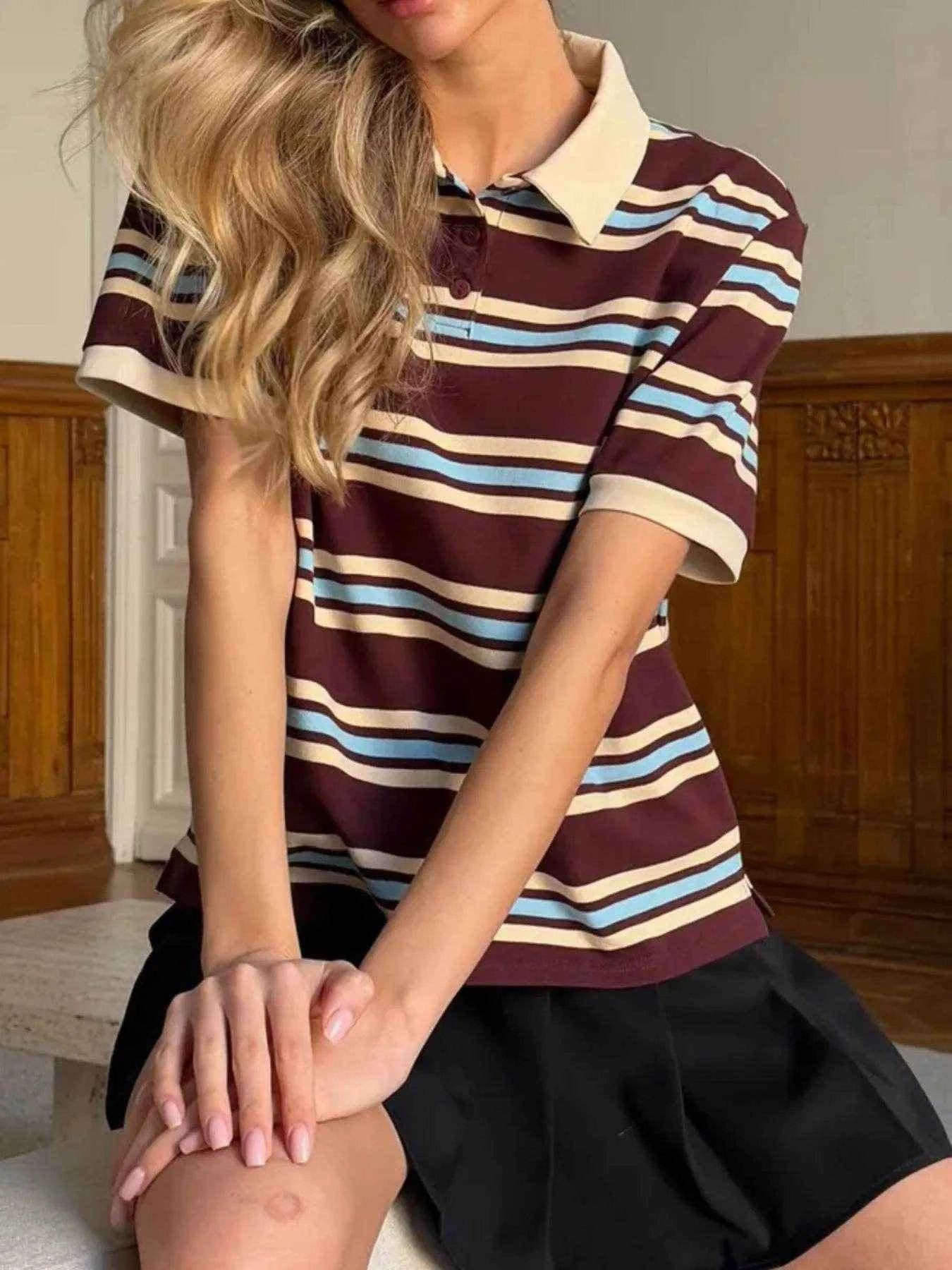 Striped Polo T-Shirt with Contrast Collar Trendsi 507b6c9d-bb1b-4ce3-9846-fbc96afa6f85-Max-Origin