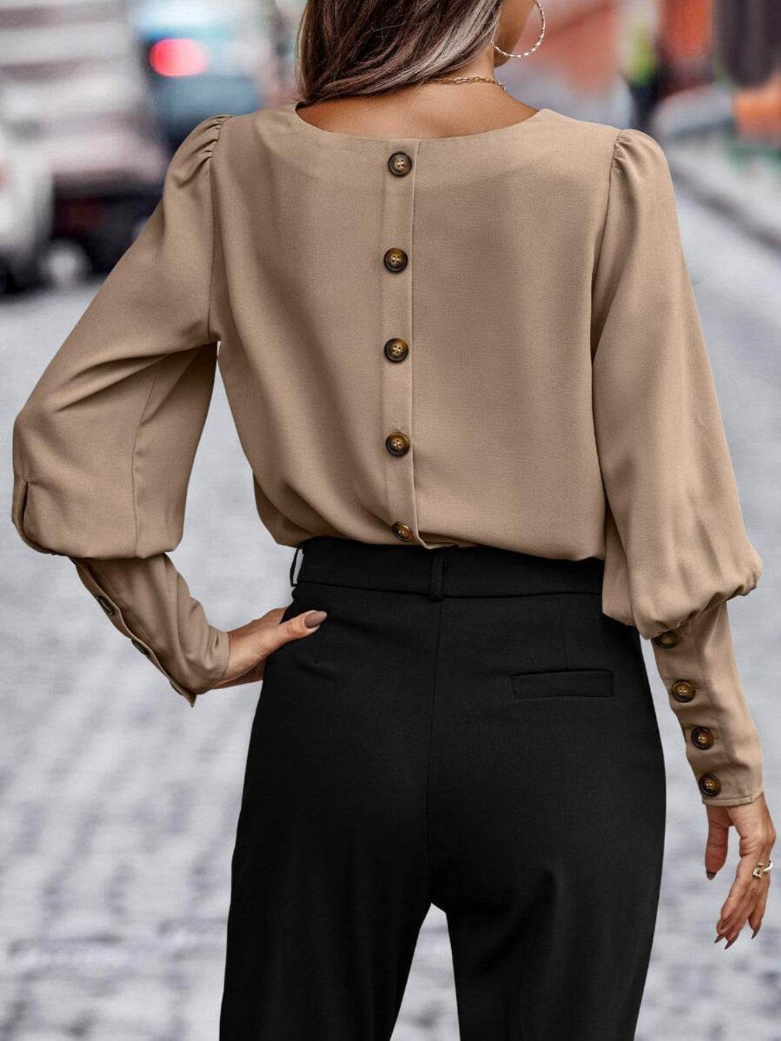 Round Neck Lantern Sleeve Blouse Trendsi 50a0582b41b3450792380827d83b2641-Max