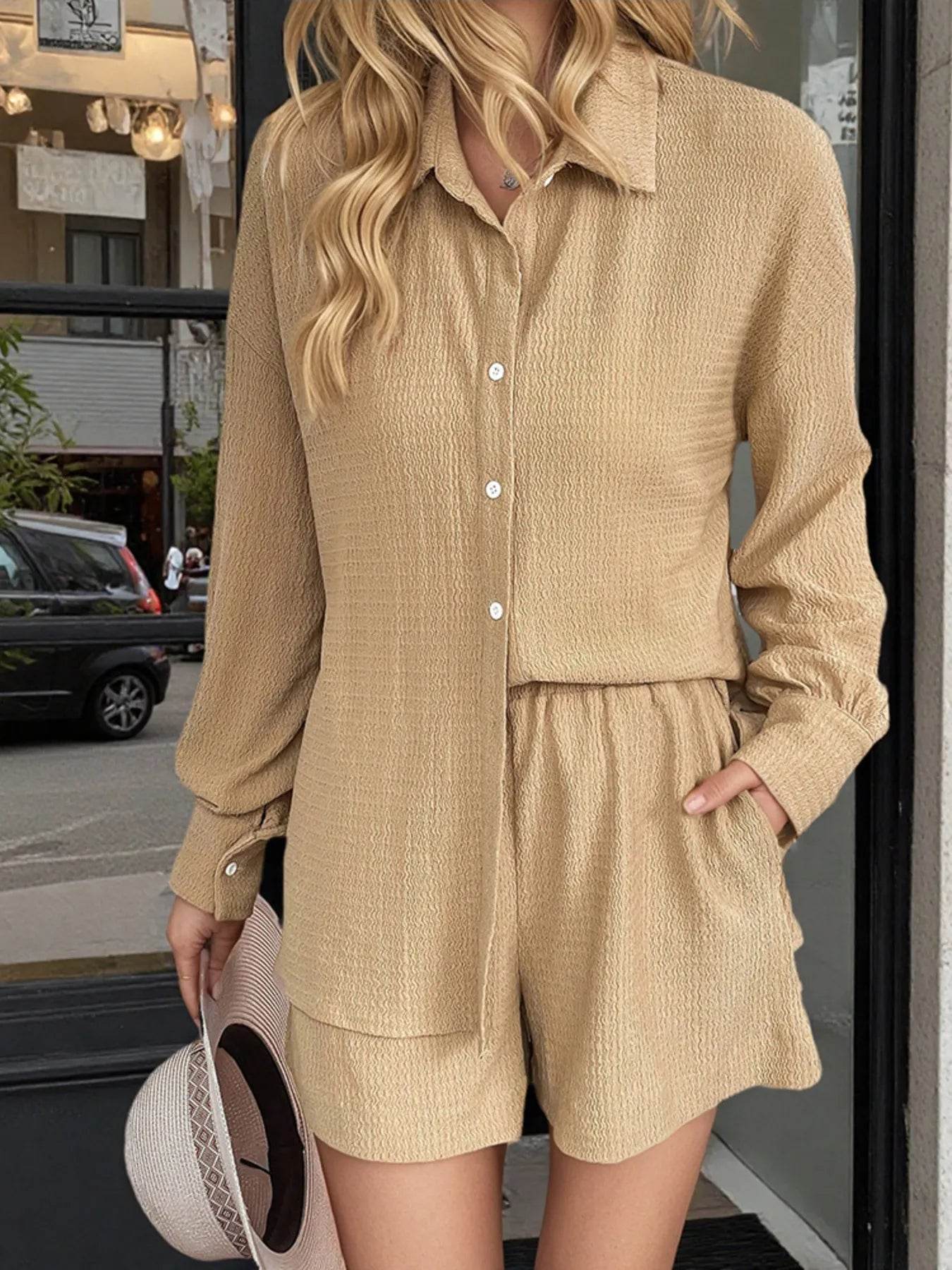 Button Up Long Sleeve Shirt and Shorts Set Trendsi 50b4a4f9e4224d8ca55677acb75238af-Max-Origin