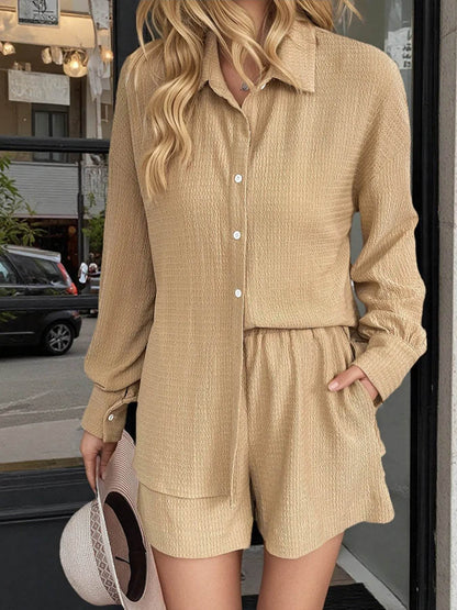 Button Up Long Sleeve Shirt and Shorts Set Trendsi 50b4a4f9e4224d8ca55677acb75238af-Max-Origin