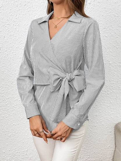 Ivy Lane Bow Tie Waist Johnny Collar Neck Striped Blouse Trendsi 50b4f33962b547cfa7db82b6c9eaf8f8-Max