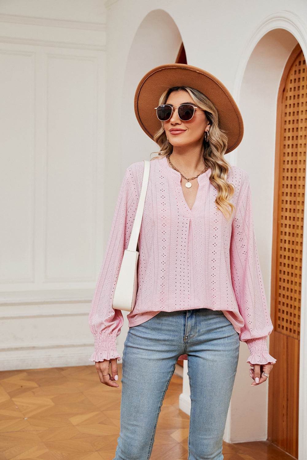 Notched Neck Flounce Sleeve Blouse Trendsi 50b8ddf5845346aa91d904baf8fe2b1c-Max
