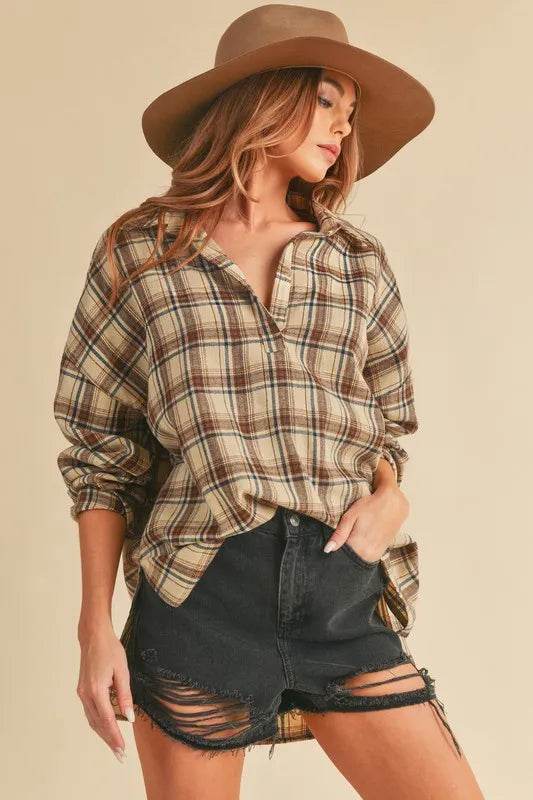 Aemi + Co Side Slit High-Low Plaid Long Sleeve Polo Shirt Trendsi 50c1430c-6ed7-4224-bd6c-181d6a22bdca-Max