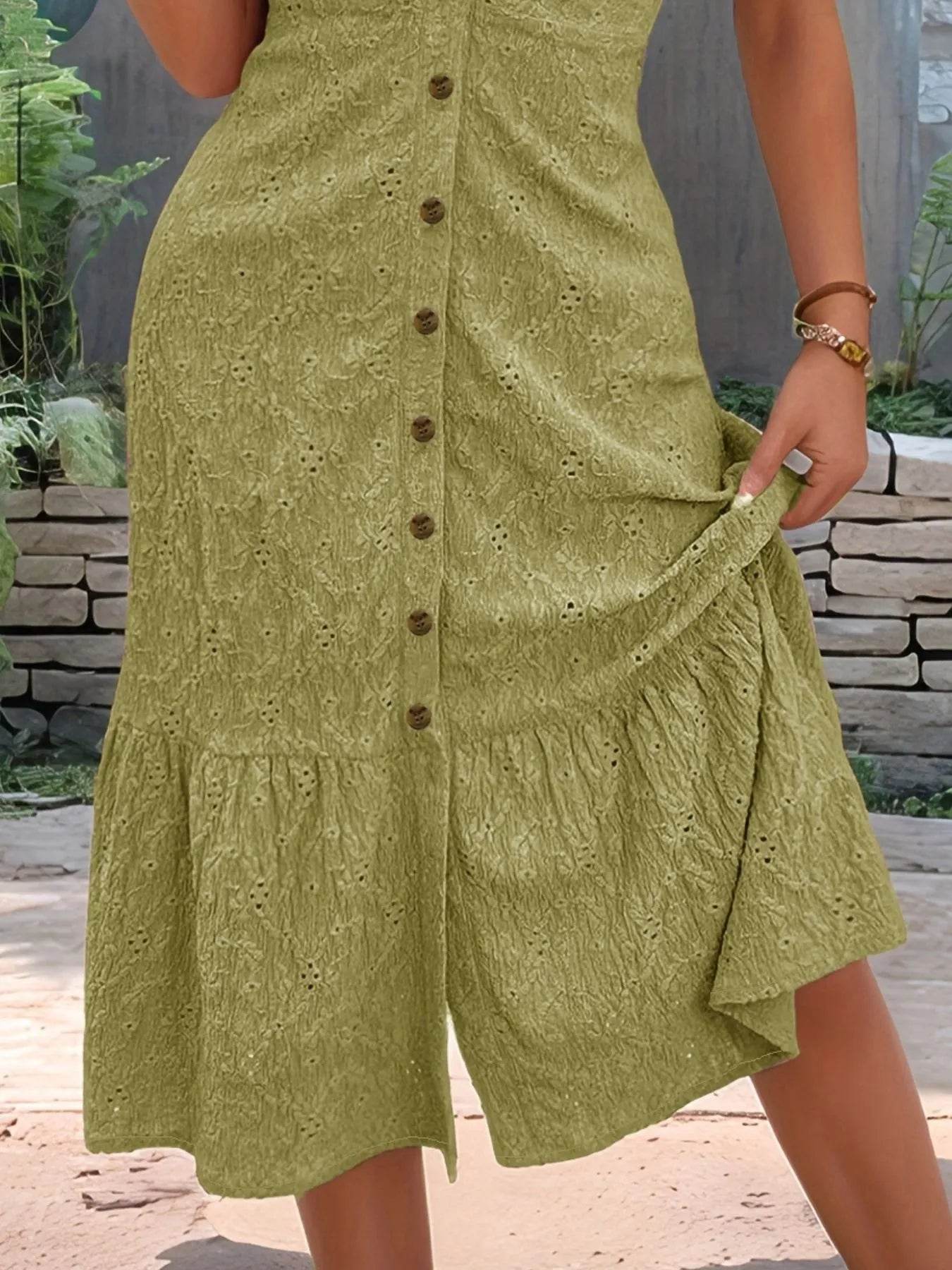 Eyelet Button Front V-Neck Midi Dress Trendsi 50c76b25-5441-47f3-92a5-ad1ea25f62f5-Max-Origin