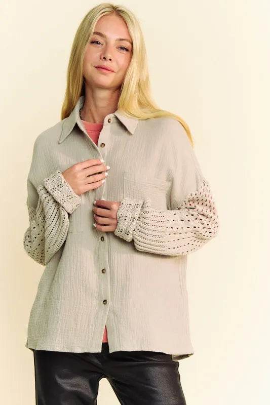 Davi & Dani Crochet Sleeve Crinkled Texture Shirt Trendsi 50d0347a-88d8-496b-bfa5-0f4c3655d9ff-Max