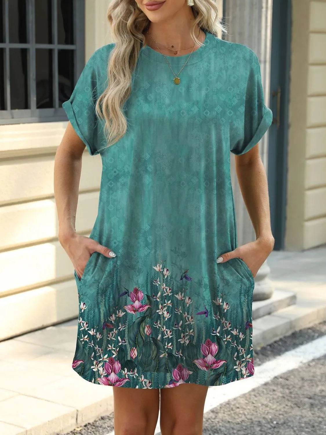 Printed Round Neck Short Sleeve Mini Dress Trendsi 50d7280e-0d30-4966-8289-0d1f52fb2333-Max-Origin