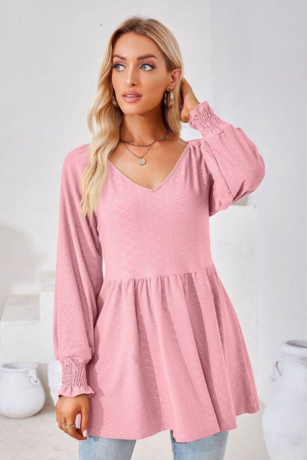 V-Neck Lantern Sleeve Blouse Trendsi 50d9dfdd3326475ea64b4a7872d56628-Max