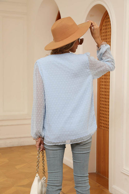 Swiss Dot Contrast V-Neck Blouse Trendsi 50de3649737740e488fec45121b91c87-Max