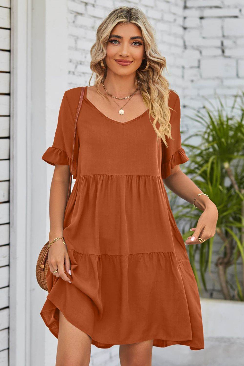 Mandy V-Neck Flounce Sleeve Tiered Dress Rust Trendsi 50ec69a96f1f4de7ac3d5b5243be96dd-Max