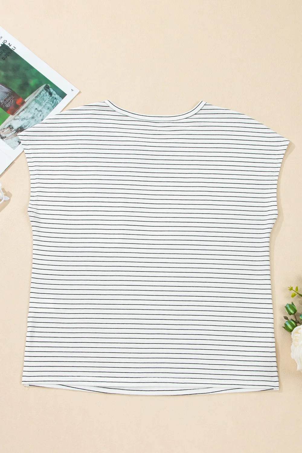Stripe Cap Sleeve Crew Neck Casual Tee with Chest Pocket Trendsi 51371168-cfd9-40f9-a7db-c3cfc672bff2-Max-Origin
